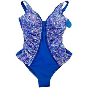 NWT SUN & SEA SEXY BLUE PURPLE PRINT RUFFLE ONE-PIECE SWIMSUIT, SIZE M